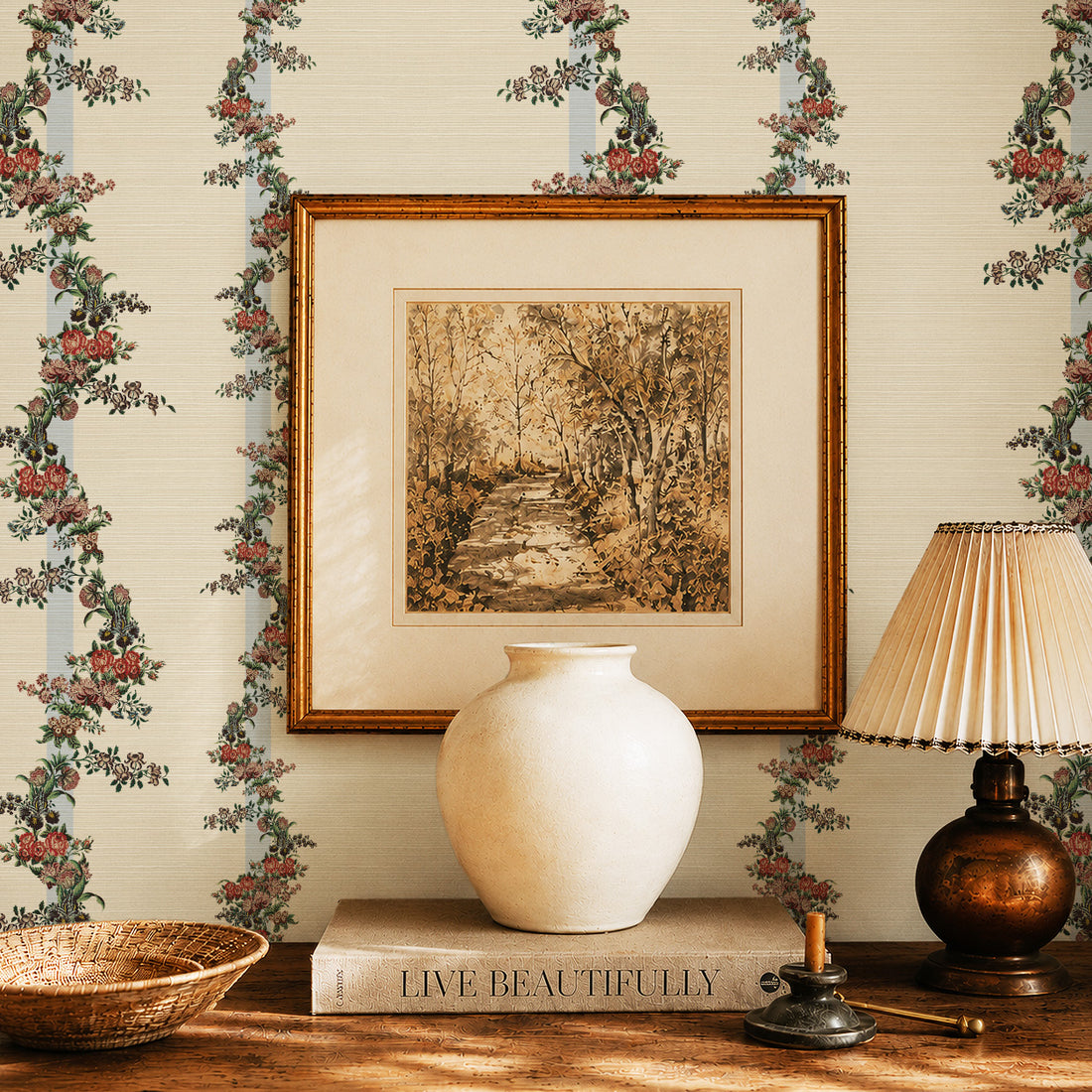 Vintage Floral Garland Grasscloth Wallpaper