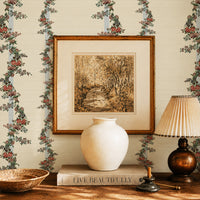 Vintage Floral Garland Grasscloth Wallpaper