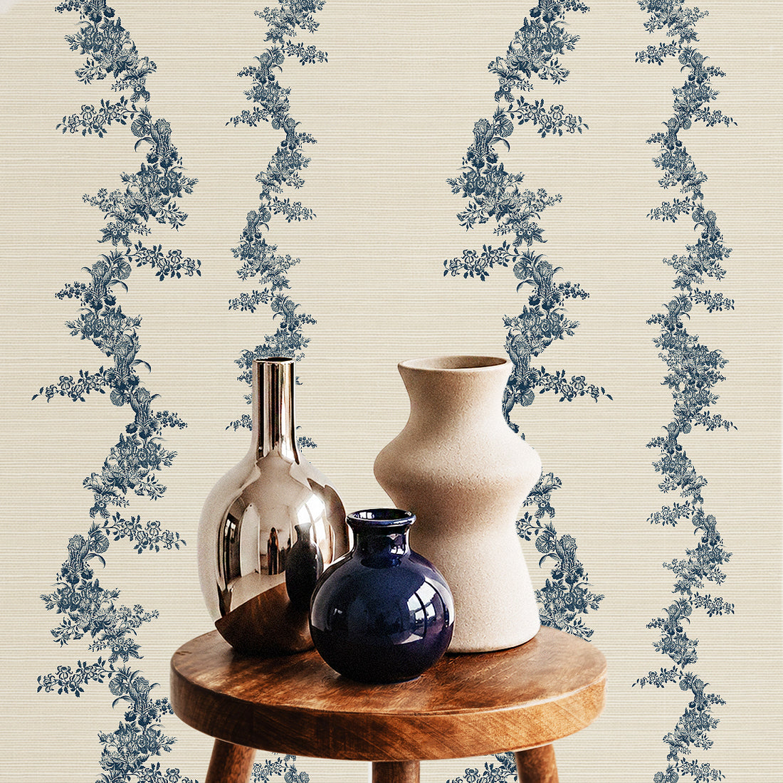 Vintage Floral Garland In Blue Grasscloth Wallpaper