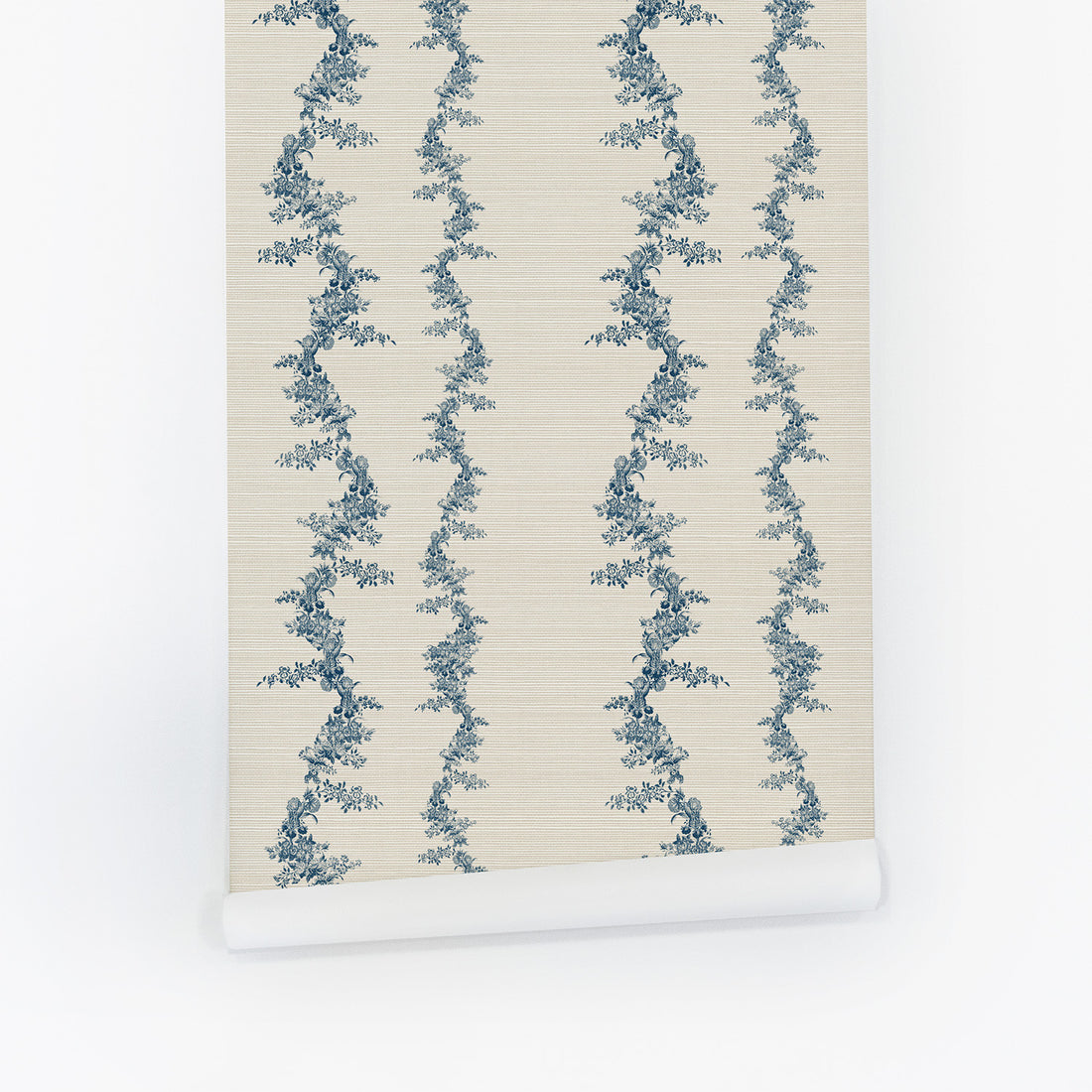Vintage Floral Garland In Blue Grasscloth Wallpaper