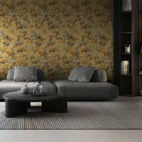 Vintage Floral Grasscloth Wallpaper In Mustard