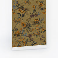 Vintage Floral Grasscloth Wallpaper In Mustard