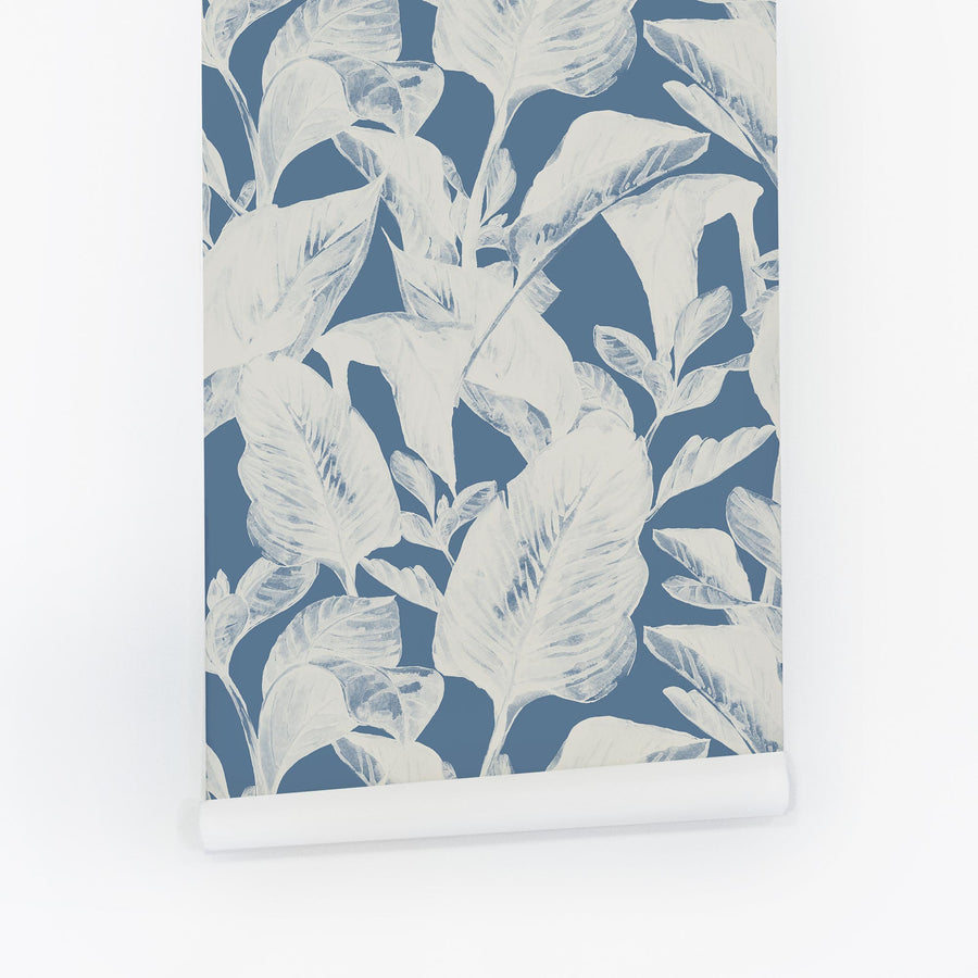 bohemian blue design tropical leaf print wallpaper
