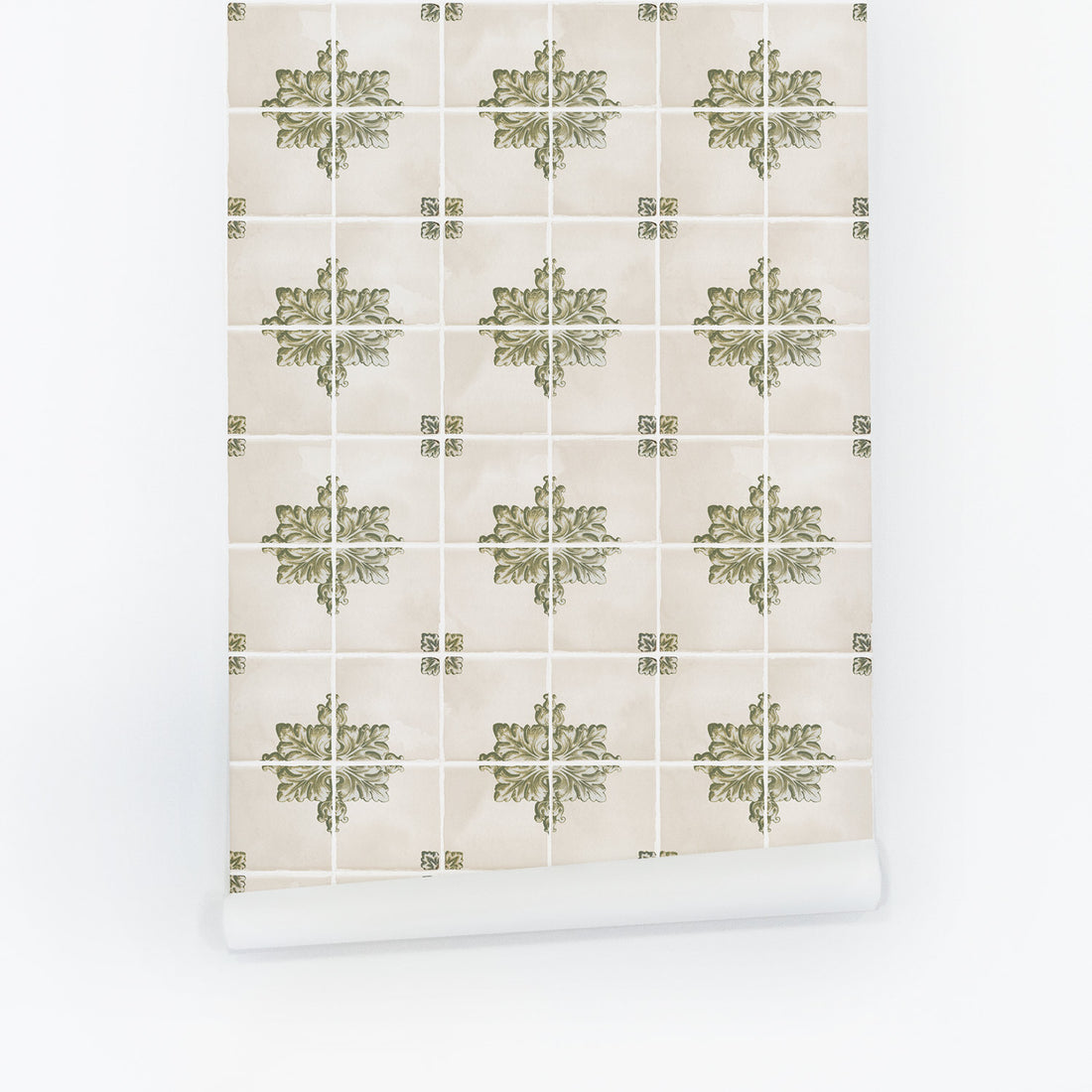 Green and beige colored vintage Italian tile design removable wallpaper by Livette's Wallpaper