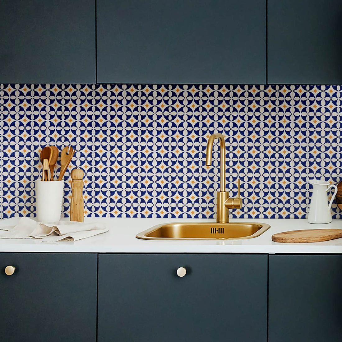 blue and yellow design backsplash panels in modern kitchen
