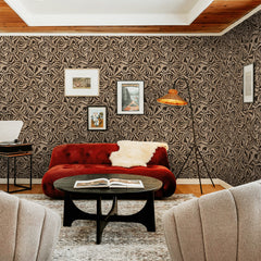 Tan and charcoal wallpaper with an abstract zebra stripe swirl pattern