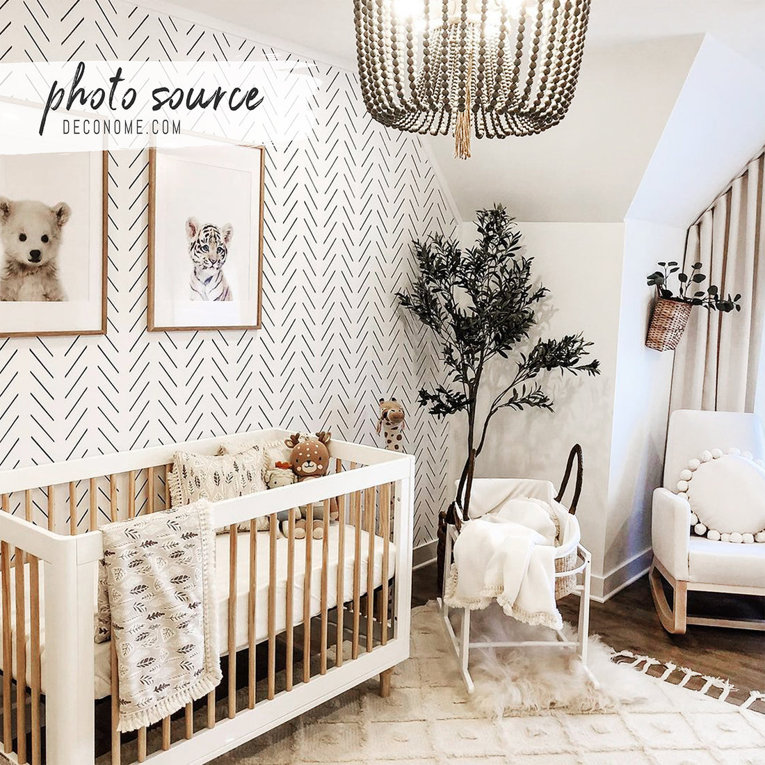 Black delicate herringbone nursery wallpaper
