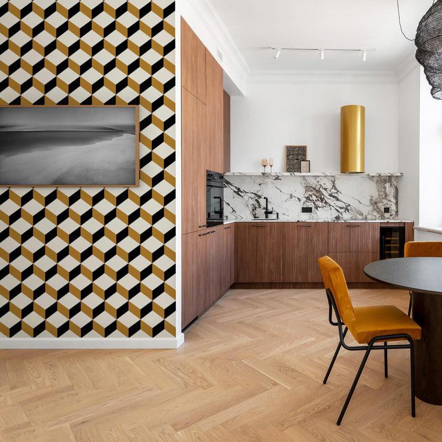 luxurious kitchen with geometric removable wallpaper in mustard yellow