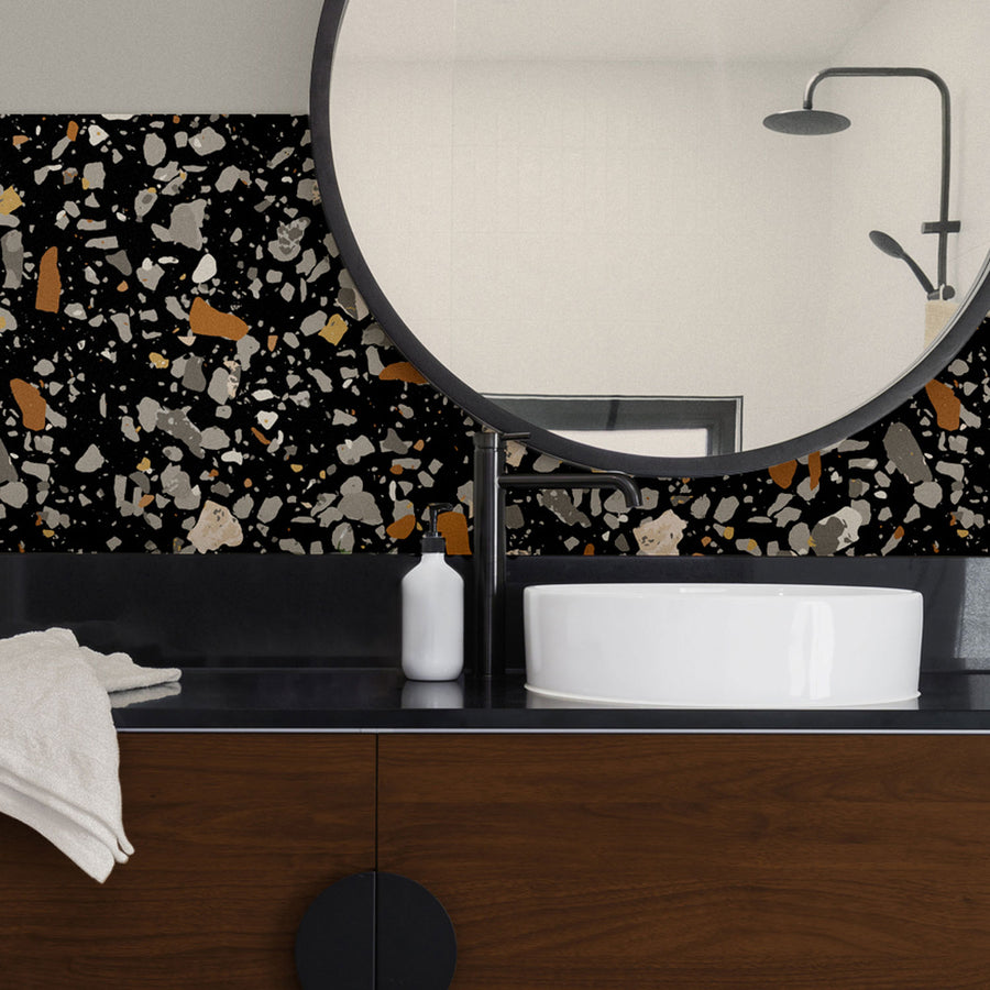 dark and elegant bathroom interior with peel and stick backsplash in stone