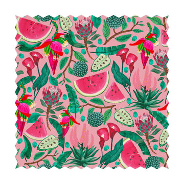 bright fabric pattern with garden inspired motifs