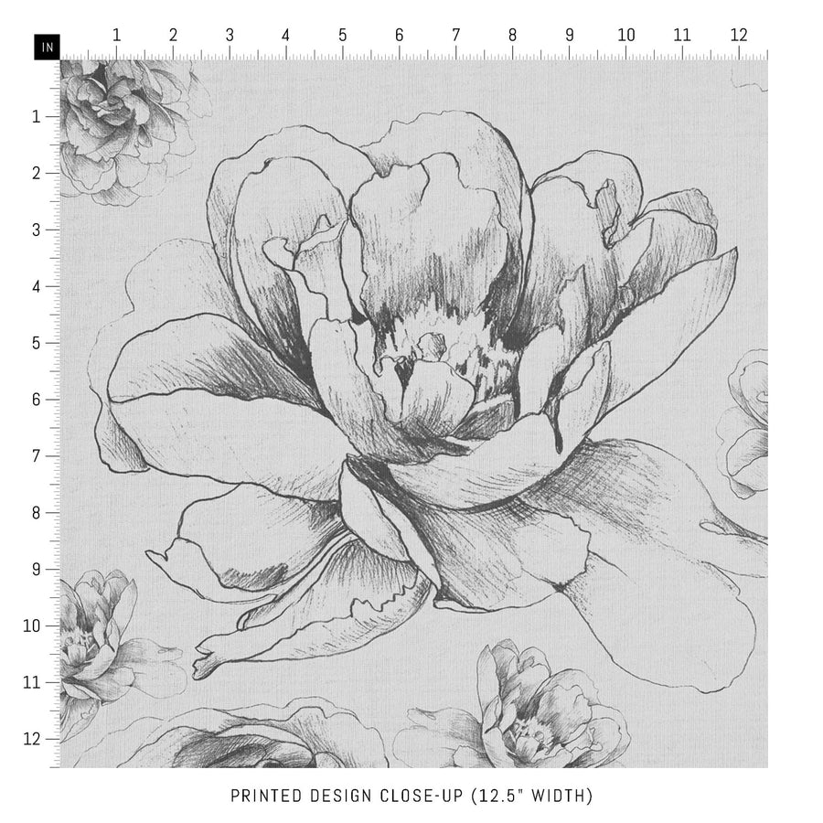 grey drawing fabric print with peonies