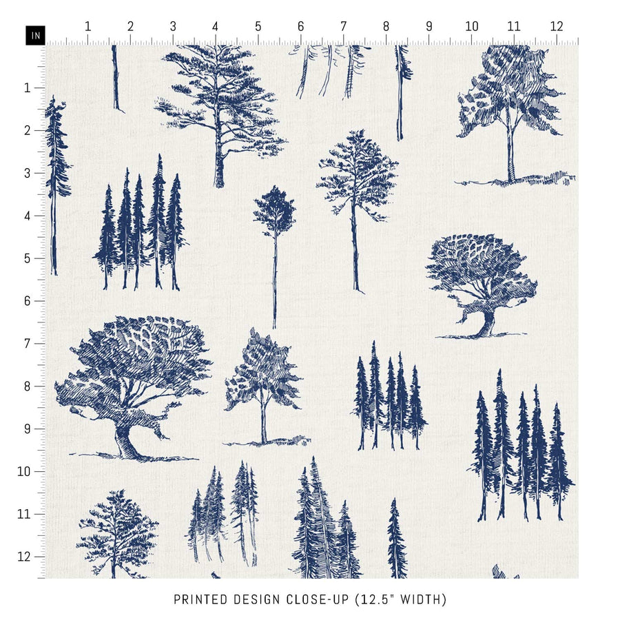 vintage design fabric in blue with tree pattern