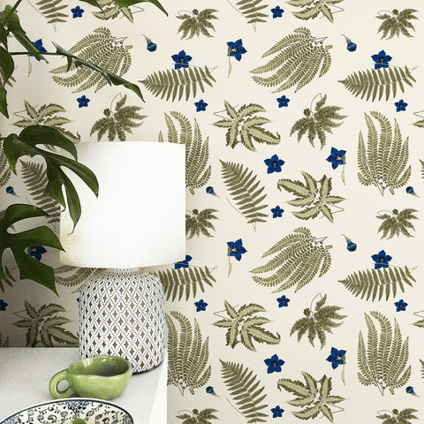 Ferns and Tiny Blue Flowers Wallpaper