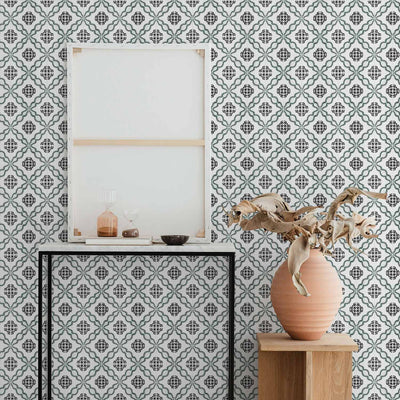 Green and Black Lisbon Tile Wallpaper