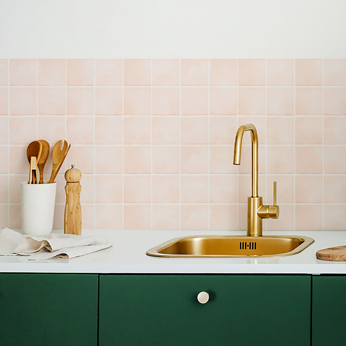 light pink backsplash tile designs in green kitchen