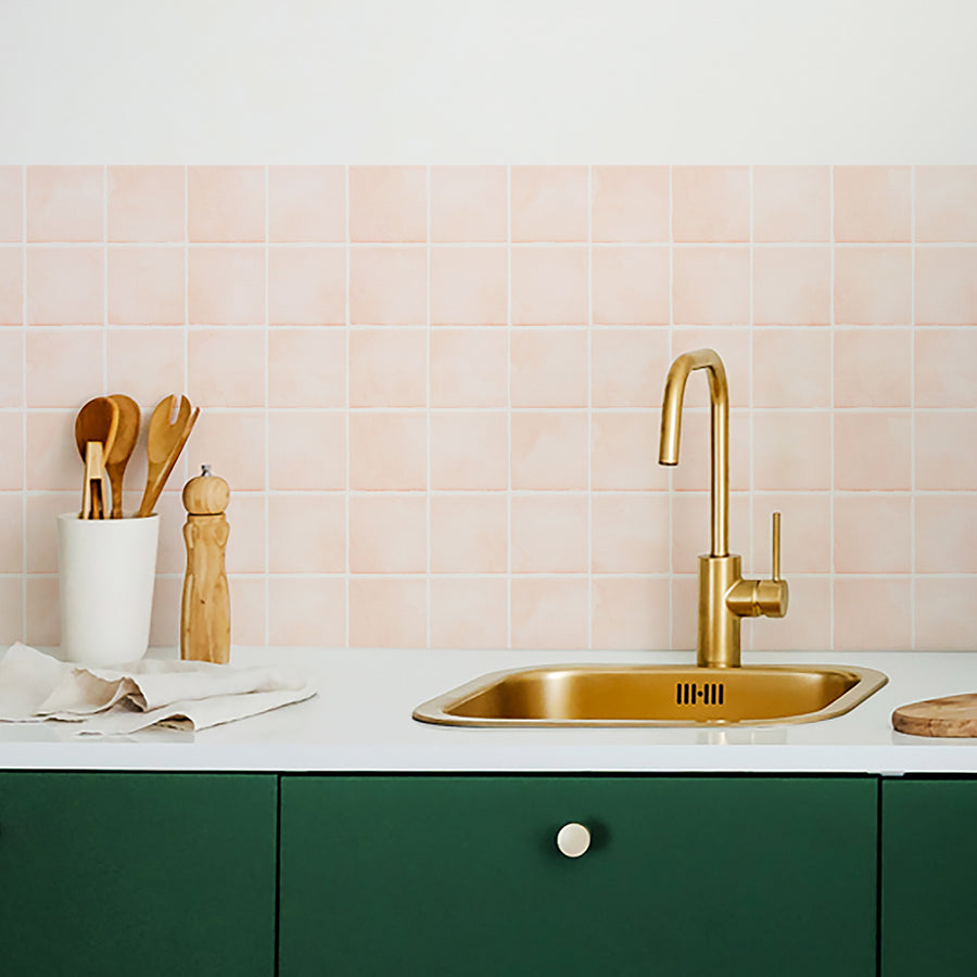 light pink backsplash tile designs in green kitchen