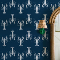 coastal modern interior with blue animal pattern wallpaper