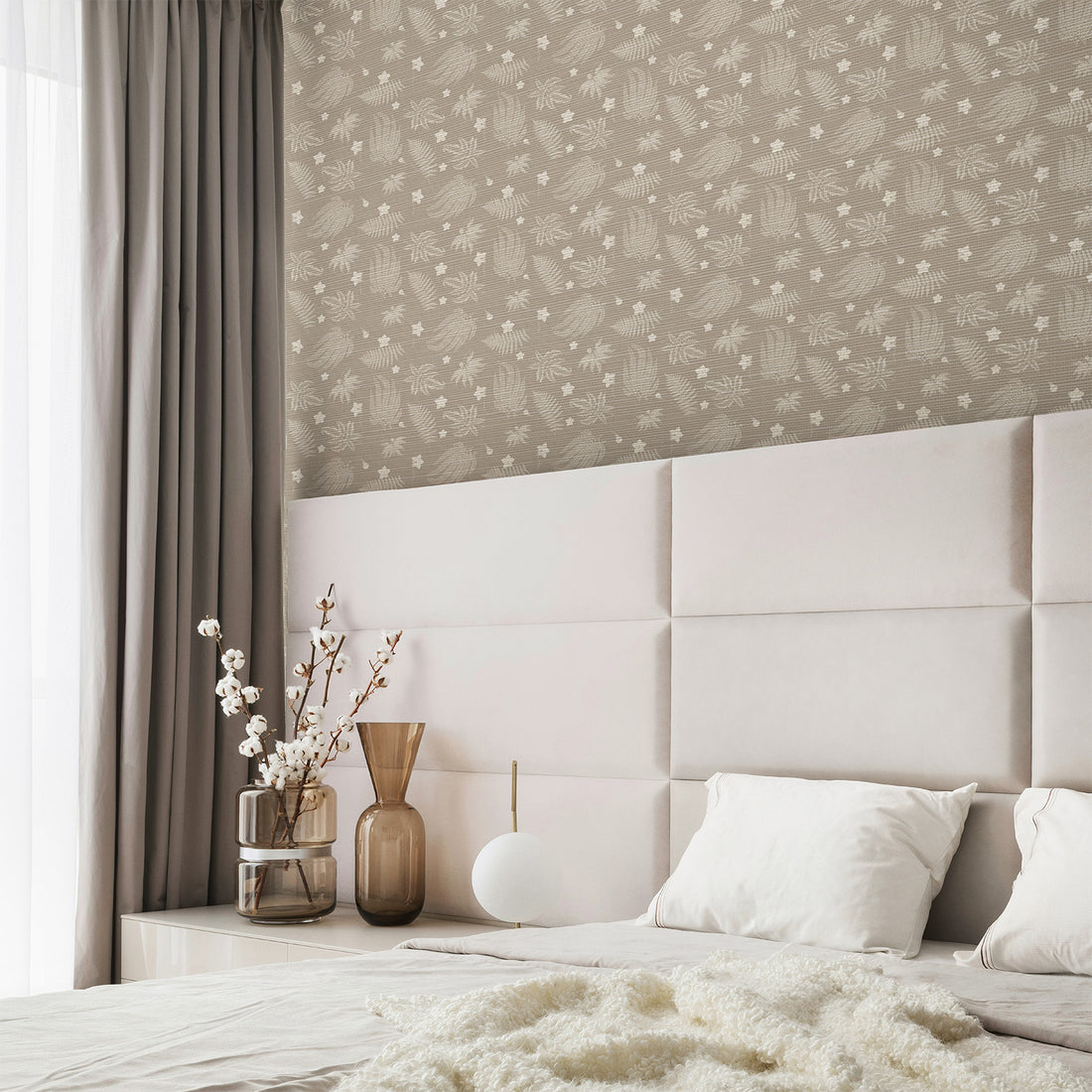 Neutral Fern And Tiny Flower Grasscloth Wallpaper