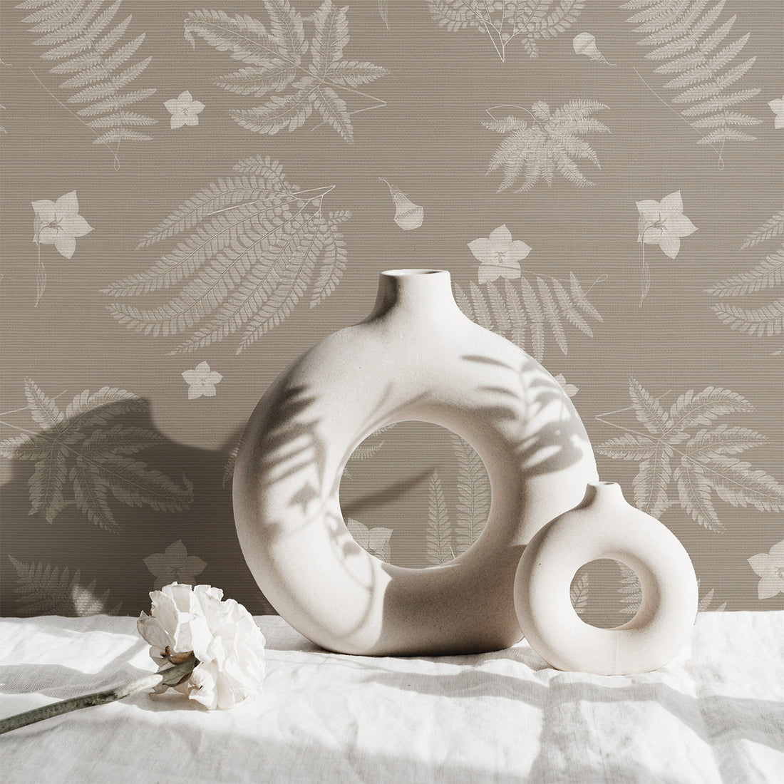 Neutral Fern And Tiny Flower Grasscloth Wallpaper