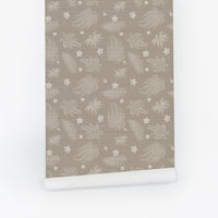 Neutral Fern And Tiny Flower Grasscloth Wallpaper