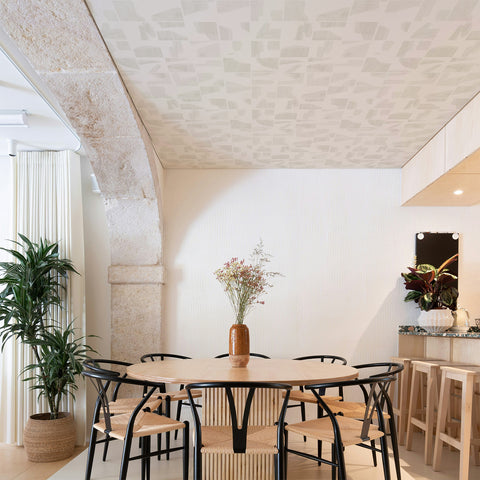Neutral Geometric Wooden Tile Design Ceiling Wallpaper