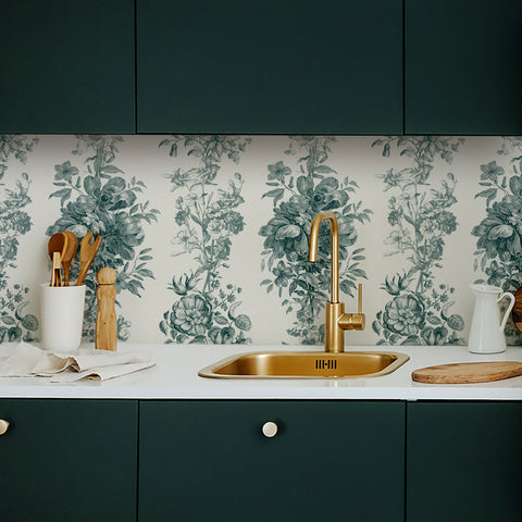 Pine Green Toile Print Backsplash