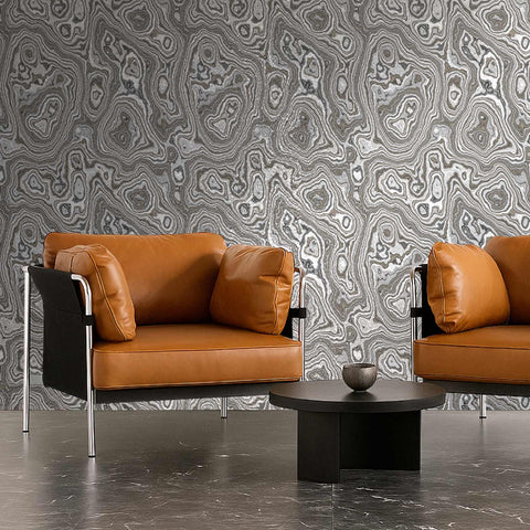 Metallic Silver Malachite Wallpaper