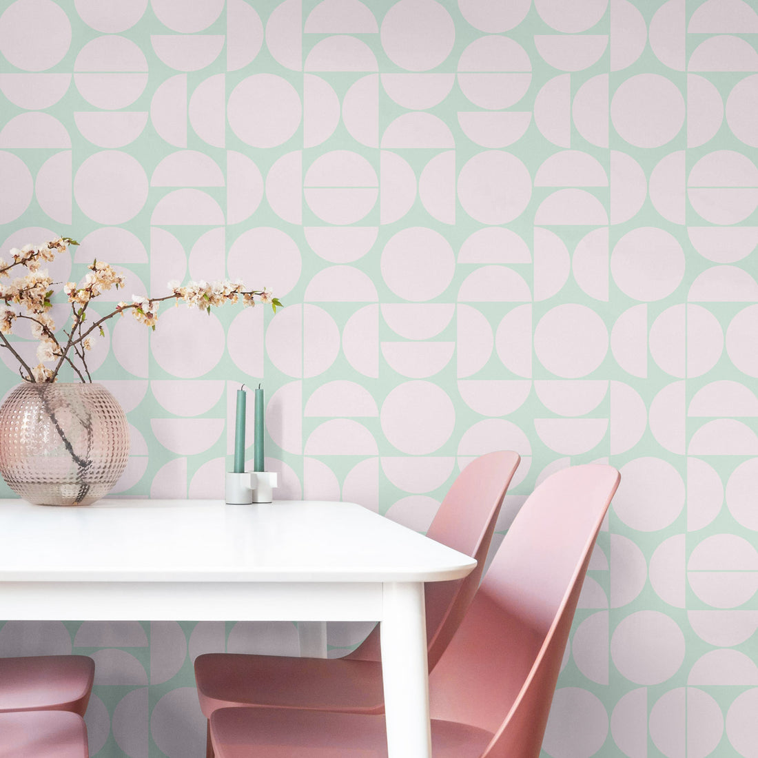 cute pastel kitchen with geometric retro peel and stick wallpaper