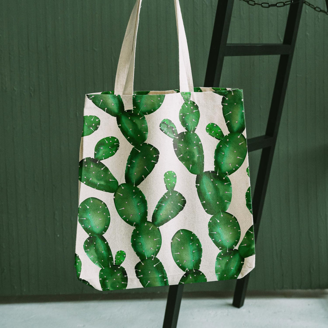 fun cactus print fabric tote bag in green