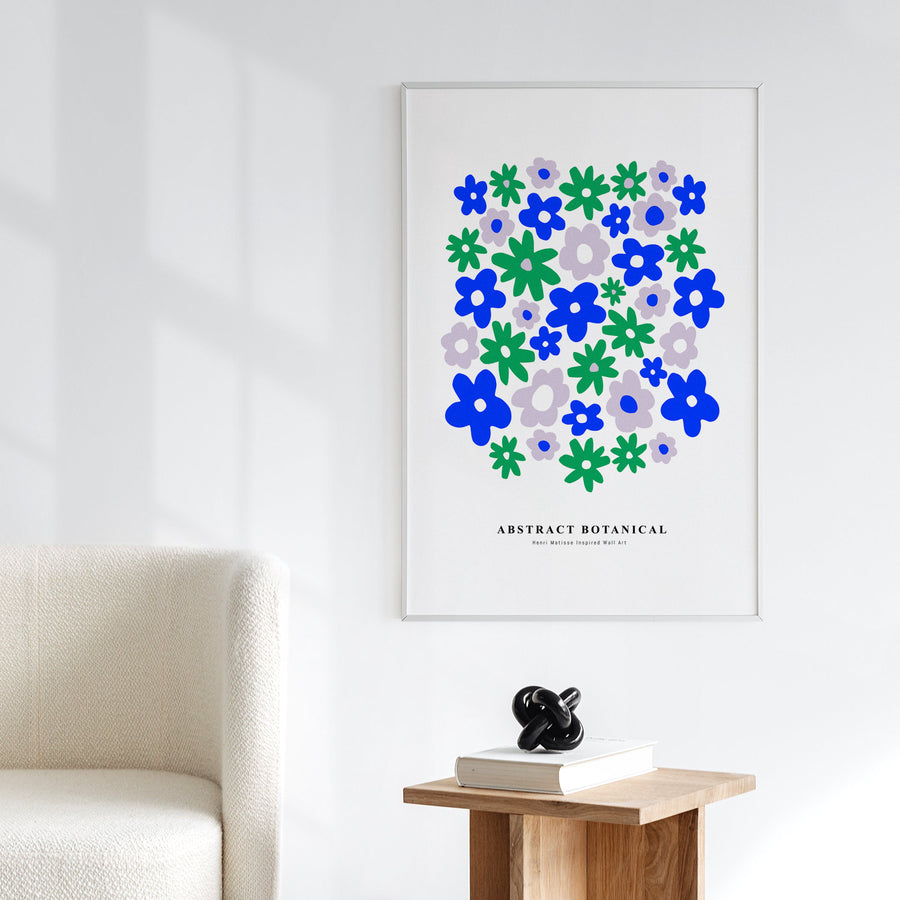 bright blue and green retro flower print art poster