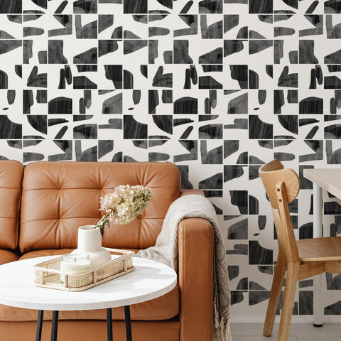 Carta da parati con design a piastrelle in legno nero