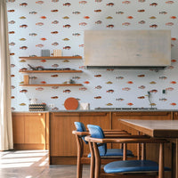 tiny colorful fish pattern wallpaper in modern kitchen setting