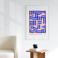multicolor art print with geometric blue lines