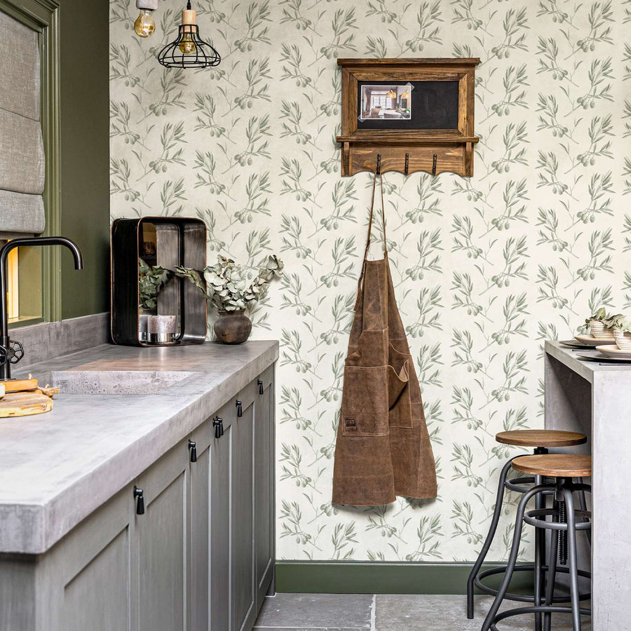 modern farmhouse style kitchen design with printed olives wallpaper
