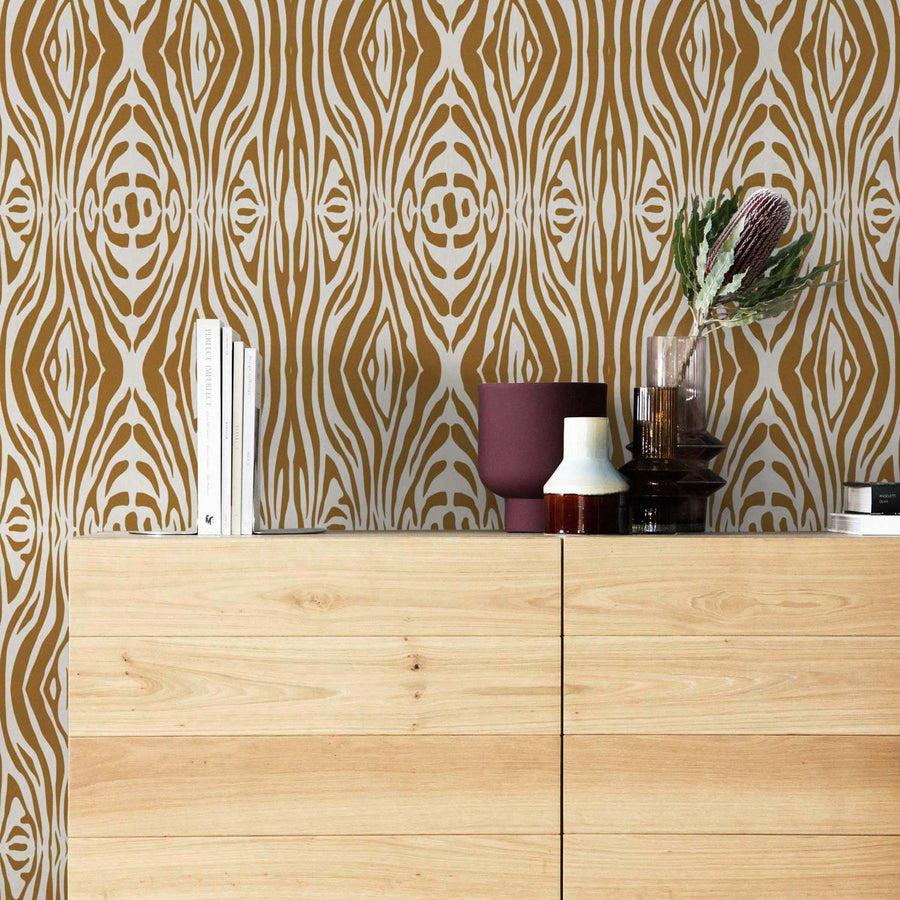 faux gold safari themed removable wallpaper for bedroom design