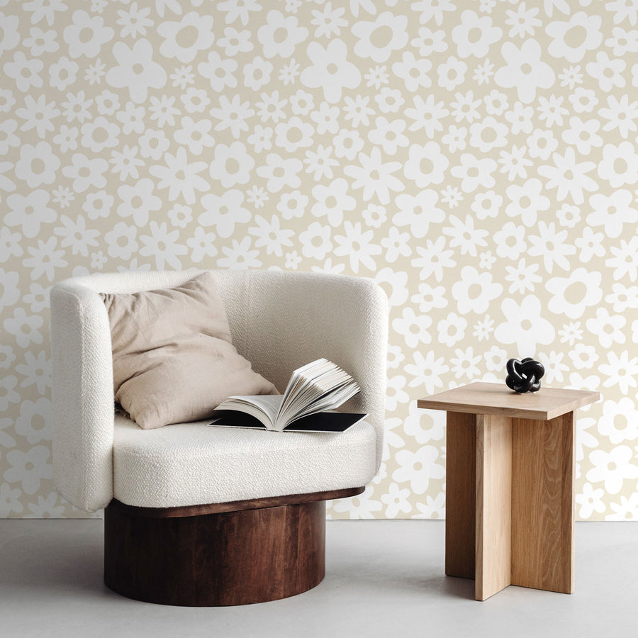 neutral retro flowers print wallpaper for minimalistic interior