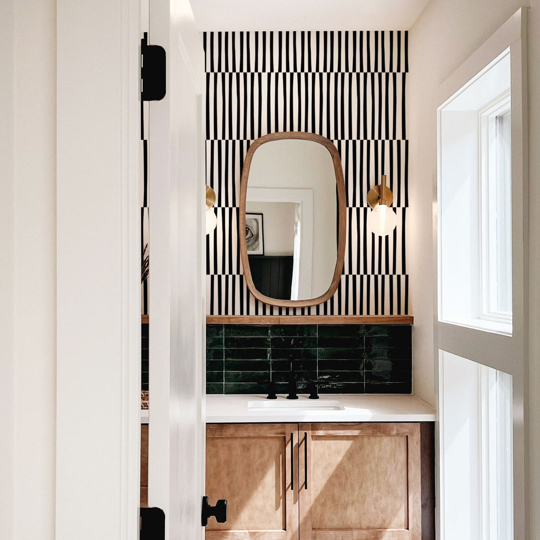 black and white simple lines powder room wallpaper