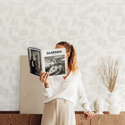 Neutral Geometric Wooden Tile Design Wallpaper