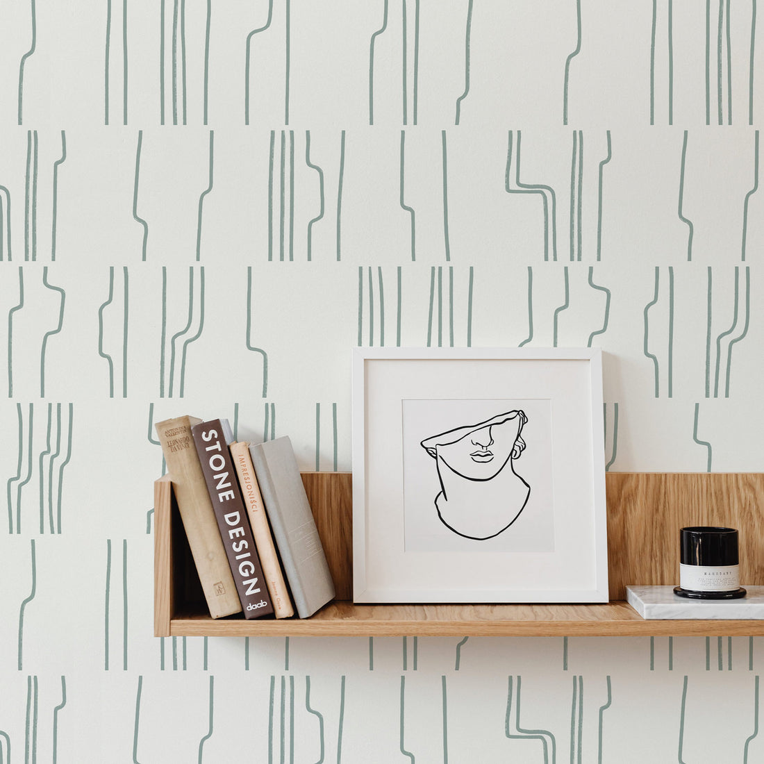 light green crooked lines wallpaper pattern with shelf styling