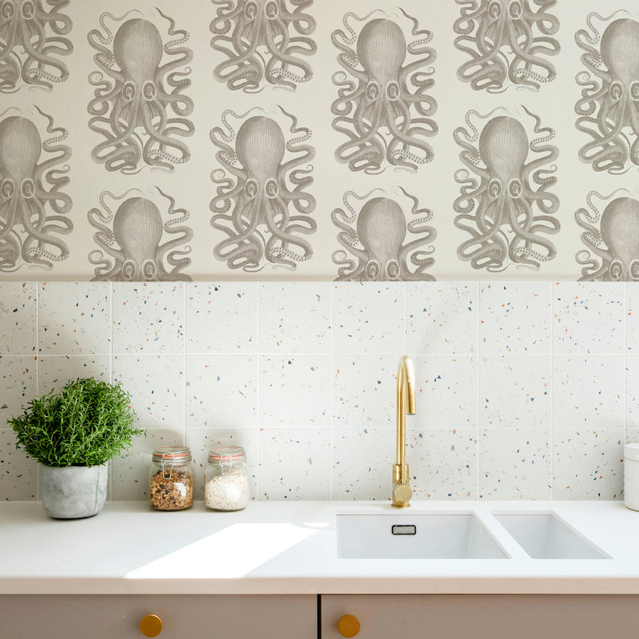 big pattern ocean inspired wallpaper for kitchen backsplash