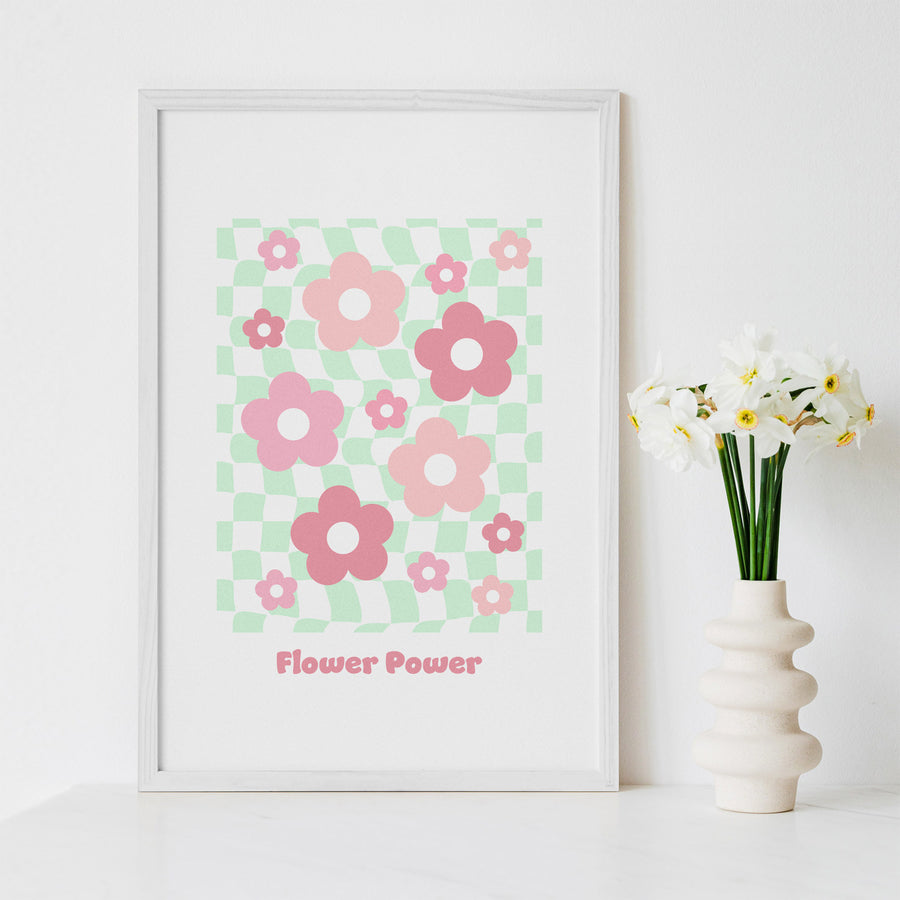 flower power inspired art print poster in pink and green