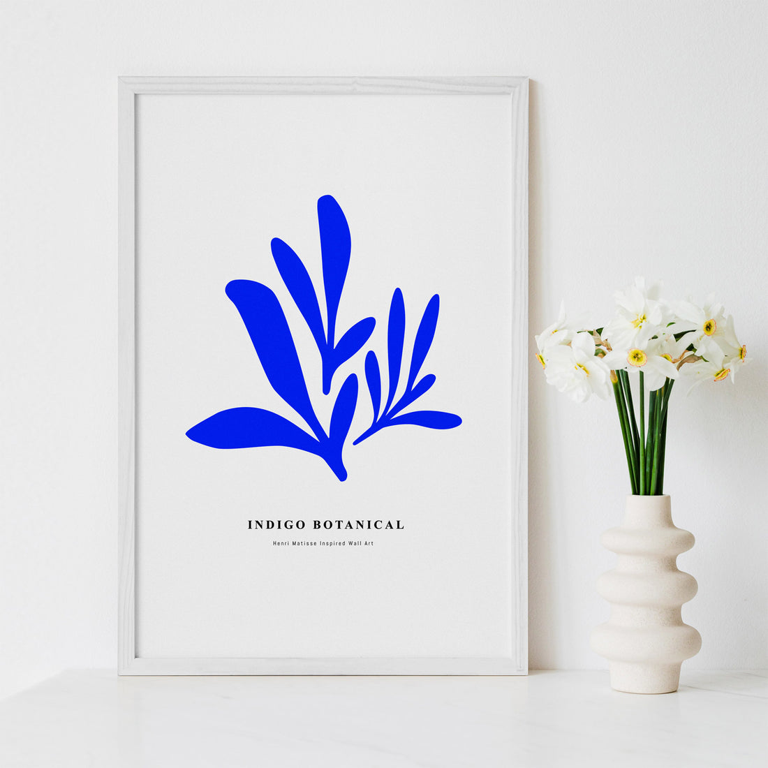 indigo blue botanical leaf print art poster