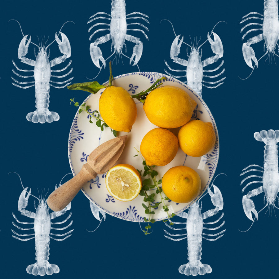 lobster design wallpaper in navy blue for beach house interior