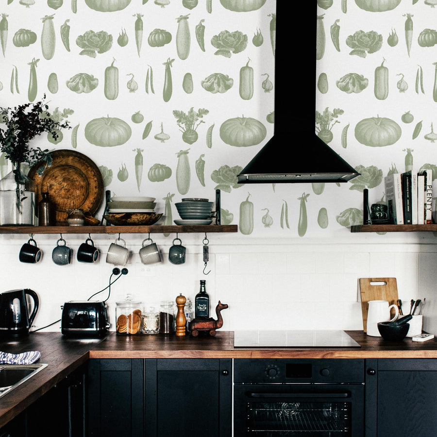modern farmhouse style kitchen with light green veggies inspired wallpaper design