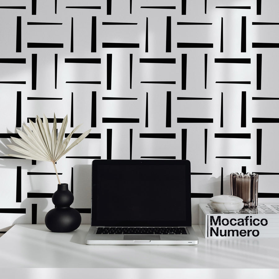 modern office space with black lines printed wallpaper