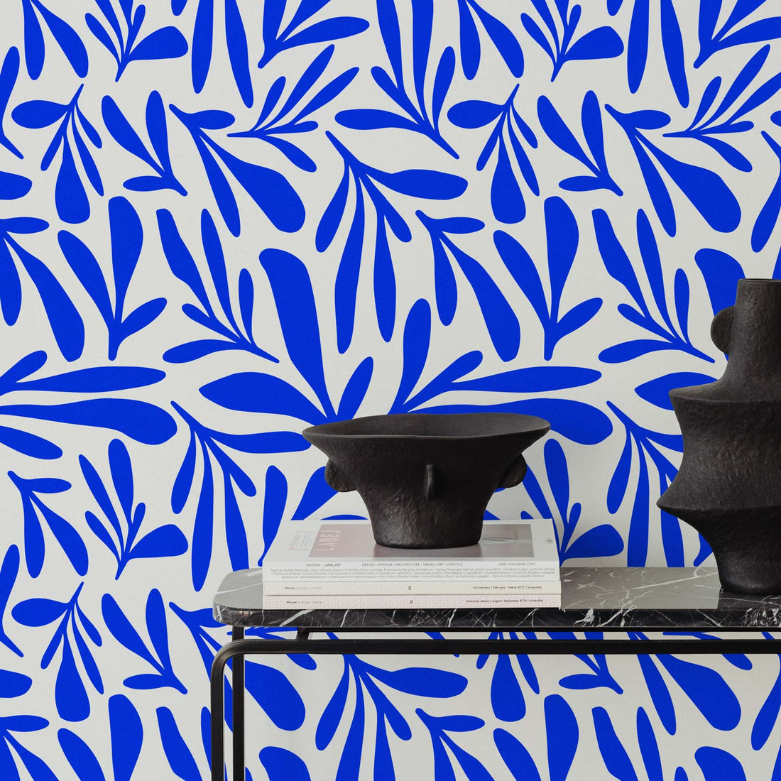 indigo blue floral print wallpaper design for home interior