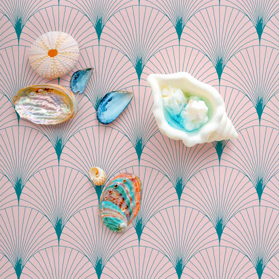 pastel color ocean inspired wallpaper design with seashells