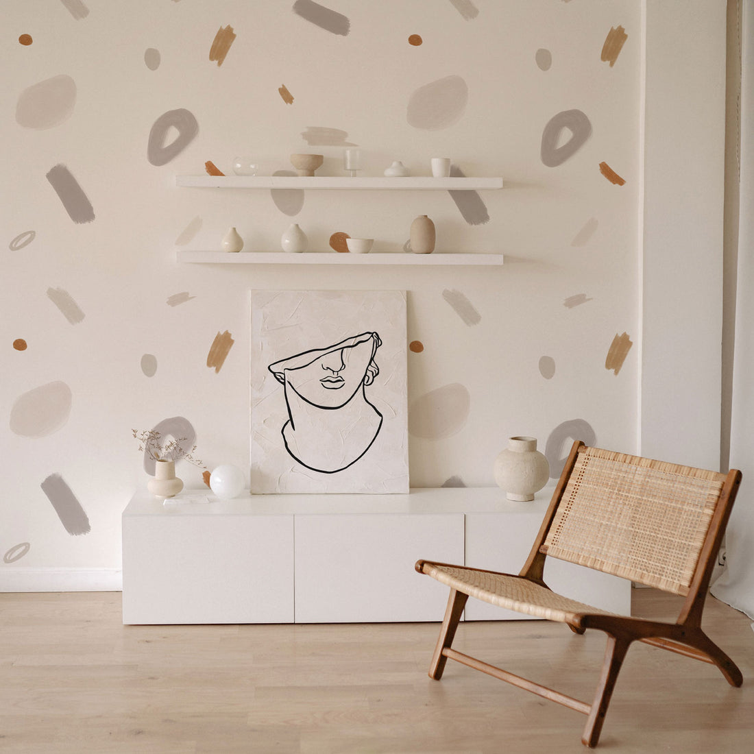 living room retro inspired geometric neutral shapes wallpaper design