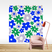 bright blue and green retro flower print wall mural design