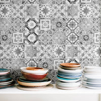 grey portuguese inspired tiles wallpaper with plates